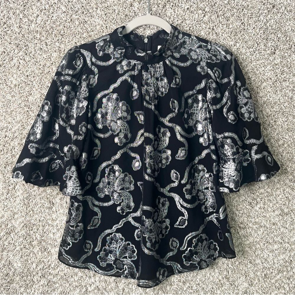 Rebecca Taylor Top Women’s 4 Black/Silver‎ Paisley Floral Silk 1/2 Bell Sleeve